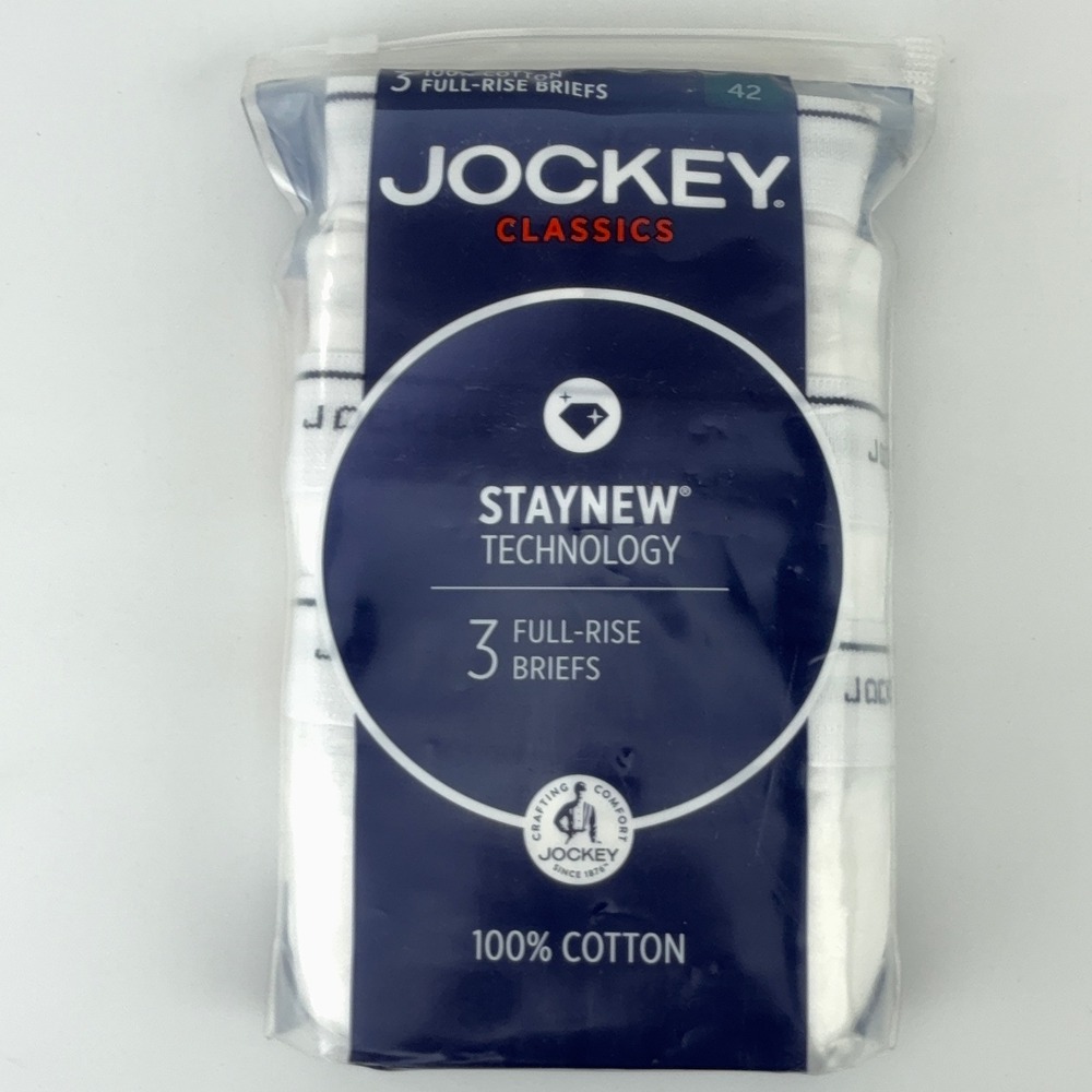 Jockey Classics Mens 3 Pack Full-Rise Briefs White 100% Cotton Size 42 Y-Front